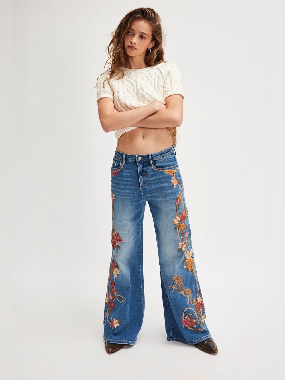 Free People Driftwood Penelope Embroider Flare Jean Floral Tiger Rope Dark Wash